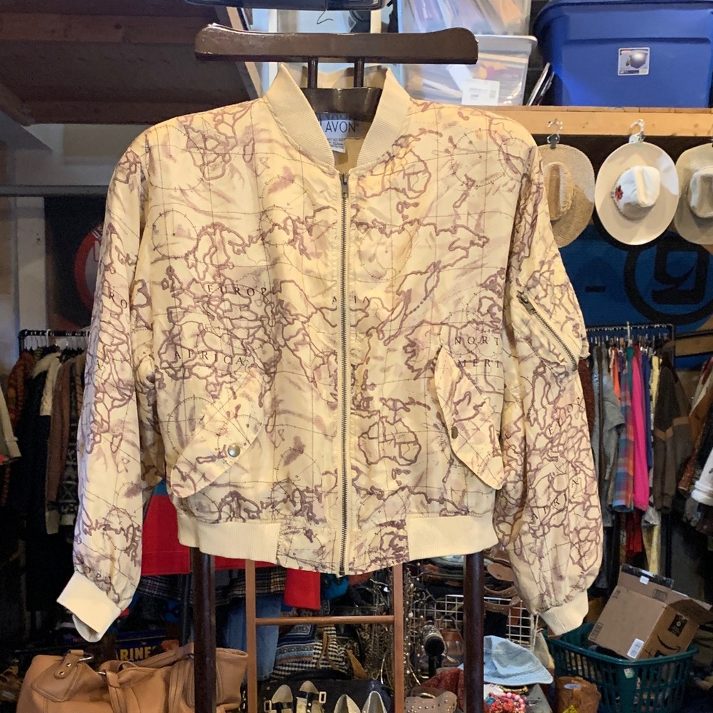 Vintage Lavon Tan Map Print Bomber Jacket 100% SILK